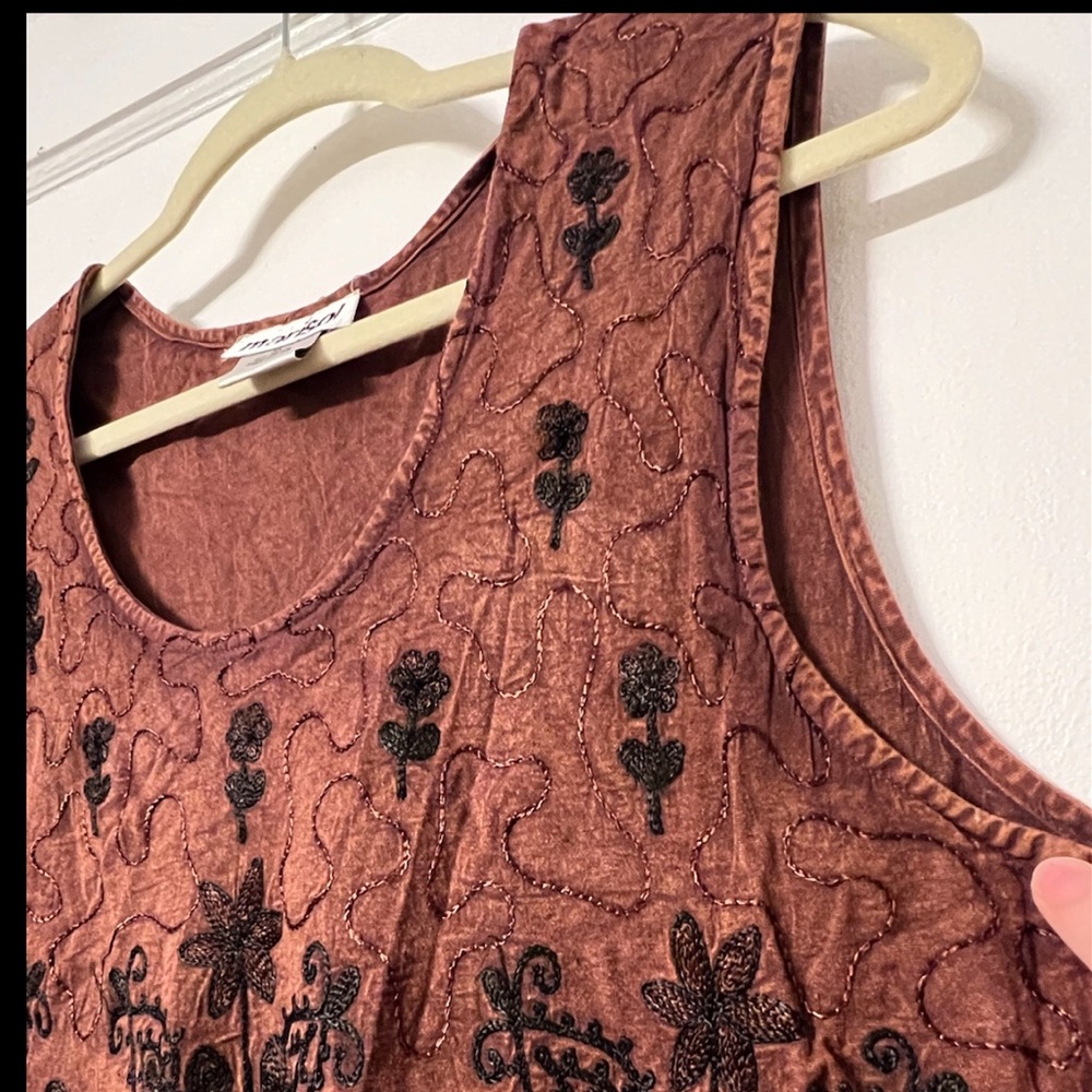 VTG Marisol Brown MIDI Cottagecore Dress Boho Embroidered Sleeveless Bead, XL - Picture 4 of 14